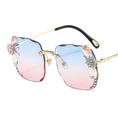 Jeweled Rimless Sunglasses - Oversized Sunglasses with Crystal Accent Design