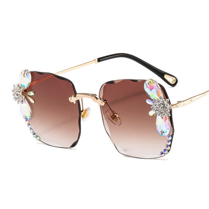 Jeweled Rimless Sunglasses - Oversized Sunglasses with Crystal Accent Design