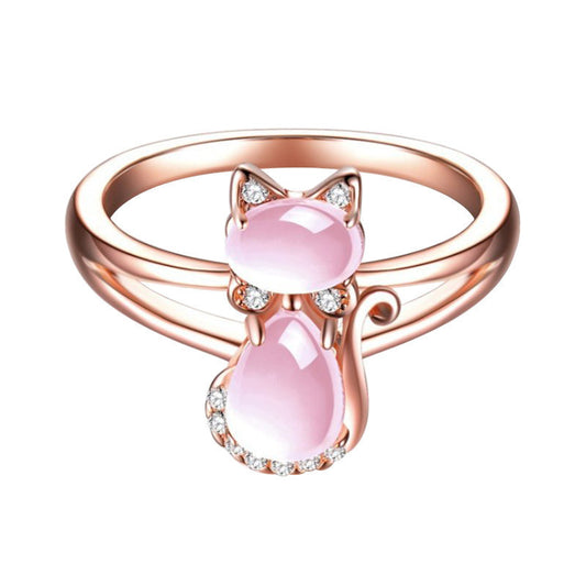 Rose Gold Kitty Ring - Cute Cat Ring with Pink Opal Gem Accent
