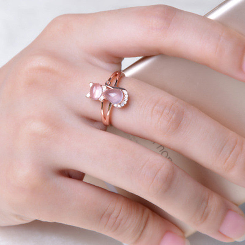 Rose Gold Kitty Ring - Cute Cat Ring with Pink Opal Gem Accent