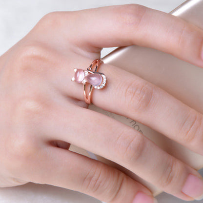 Rose Gold Kitty Ring - Cute Cat Ring with Pink Opal Gem Accent