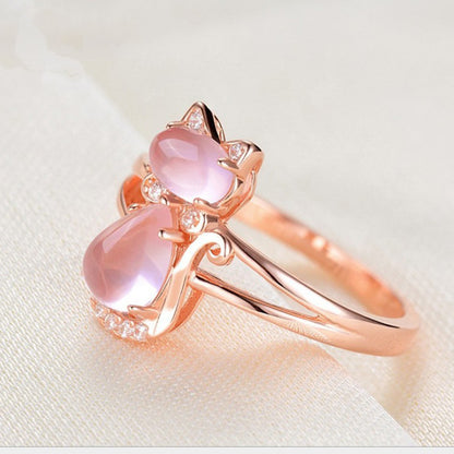 Rose Gold Kitty Ring - Cute Cat Ring with Pink Opal Gem Accent