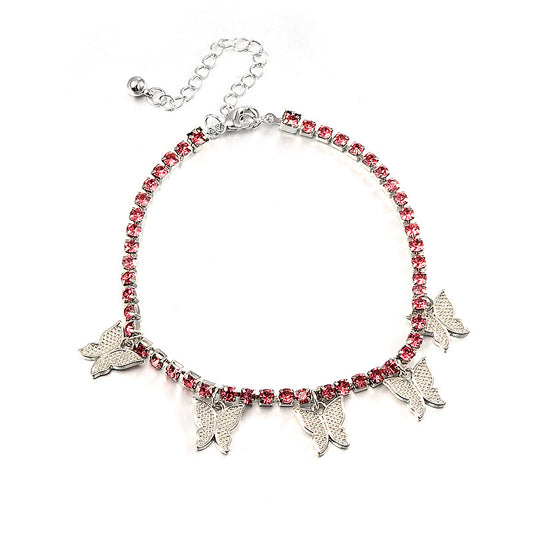 Butterfly Charm Anklet - Rhinestone Chain Anklet in Gold or Silver with Butterfly Dangles