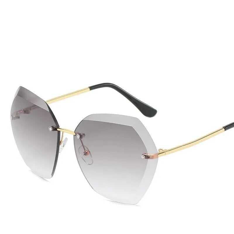 Crystal Embellished Rimless Sunglasses - Large Round Gradient Lens Sunglasses with Sparkle Detail