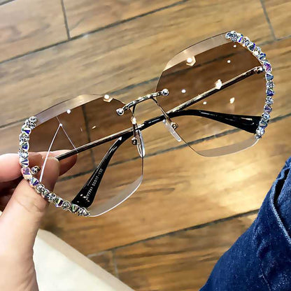 Crystal Embellished Rimless Sunglasses - Large Round Gradient Lens Sunglasses with Sparkle Detail