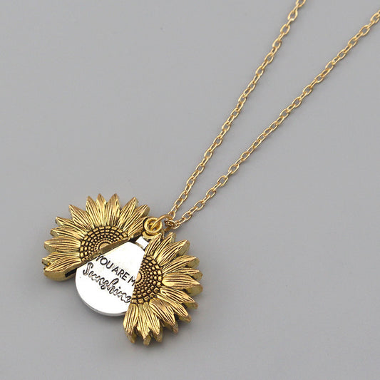 You Are My Sunshine Necklace - Sunflower Locket Pendant with Hidden Message