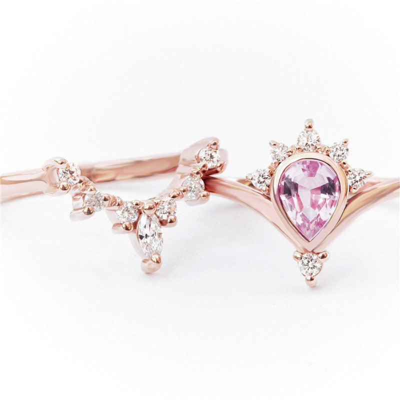Princess Crown Ring Set - Rose Gold Pink Crystal Tiara Ring