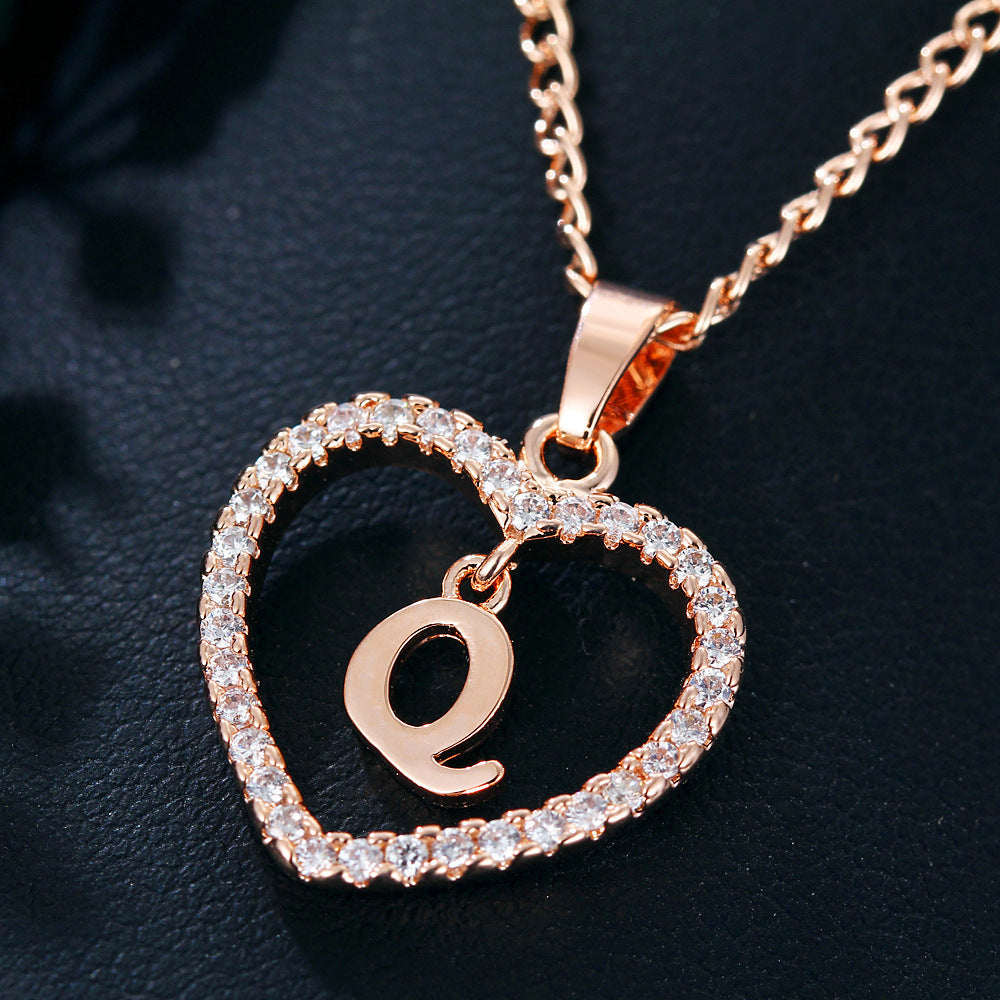 Crystal Heart Initial Necklace - Rose Gold Letter Pendant Necklace with Crystal Border (A-Z)