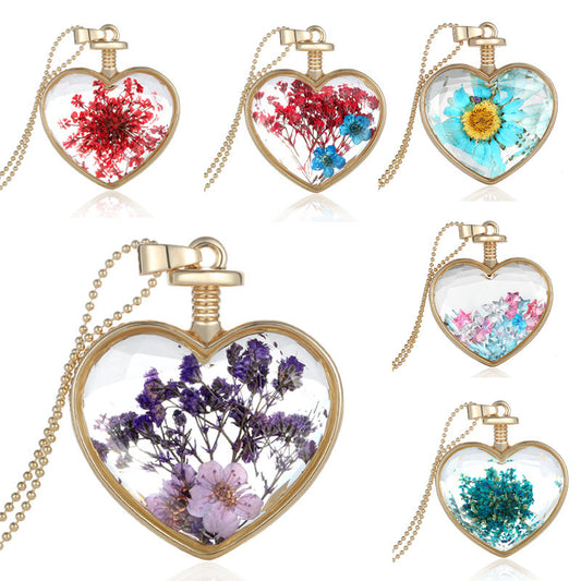 Pressed Flower Heart Necklace - Real Dried Flower Pendant in Glass Heart Locket (Multiple Colors)