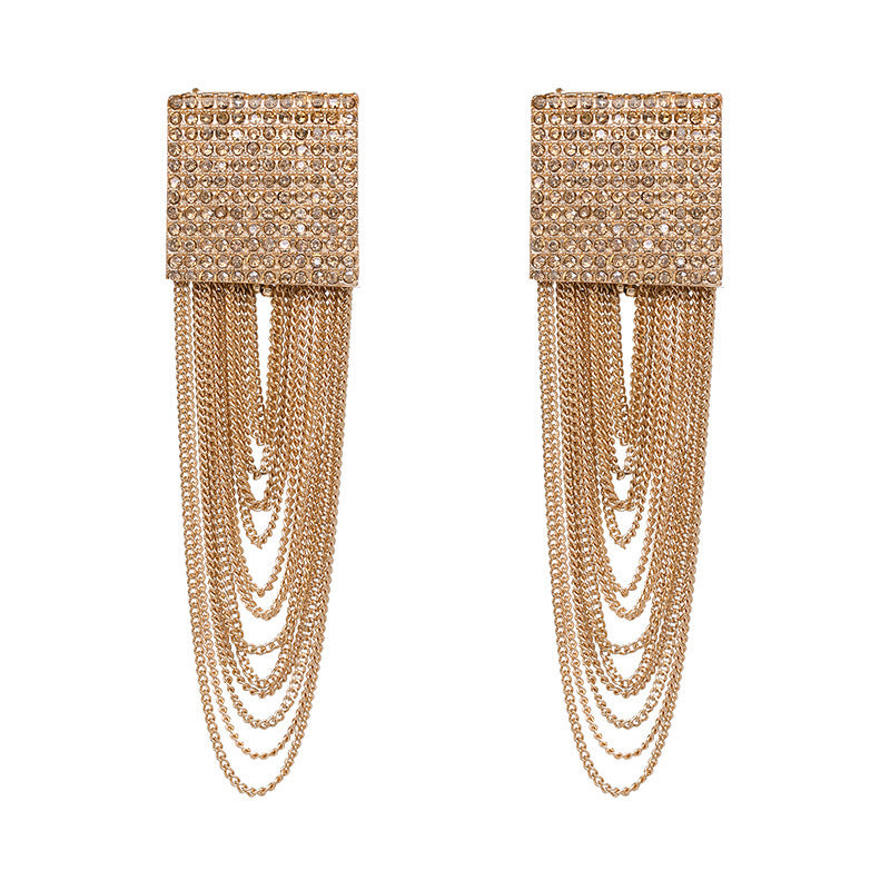 Gold Chain Tassel Earrings - Crystal Square Stud with Cascading Chain Fringe