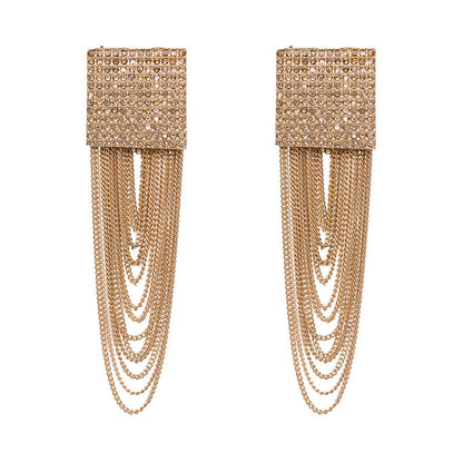 Gold Chain Tassel Earrings - Crystal Square Stud with Cascading Chain Fringe