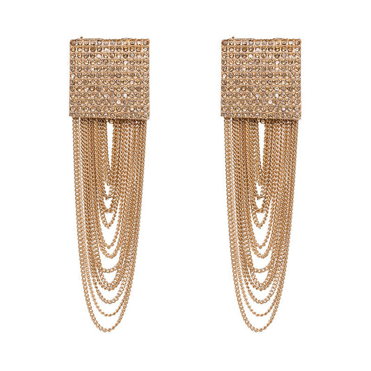 Gold Chain Tassel Earrings - Crystal Square Stud with Cascading Chain Fringe