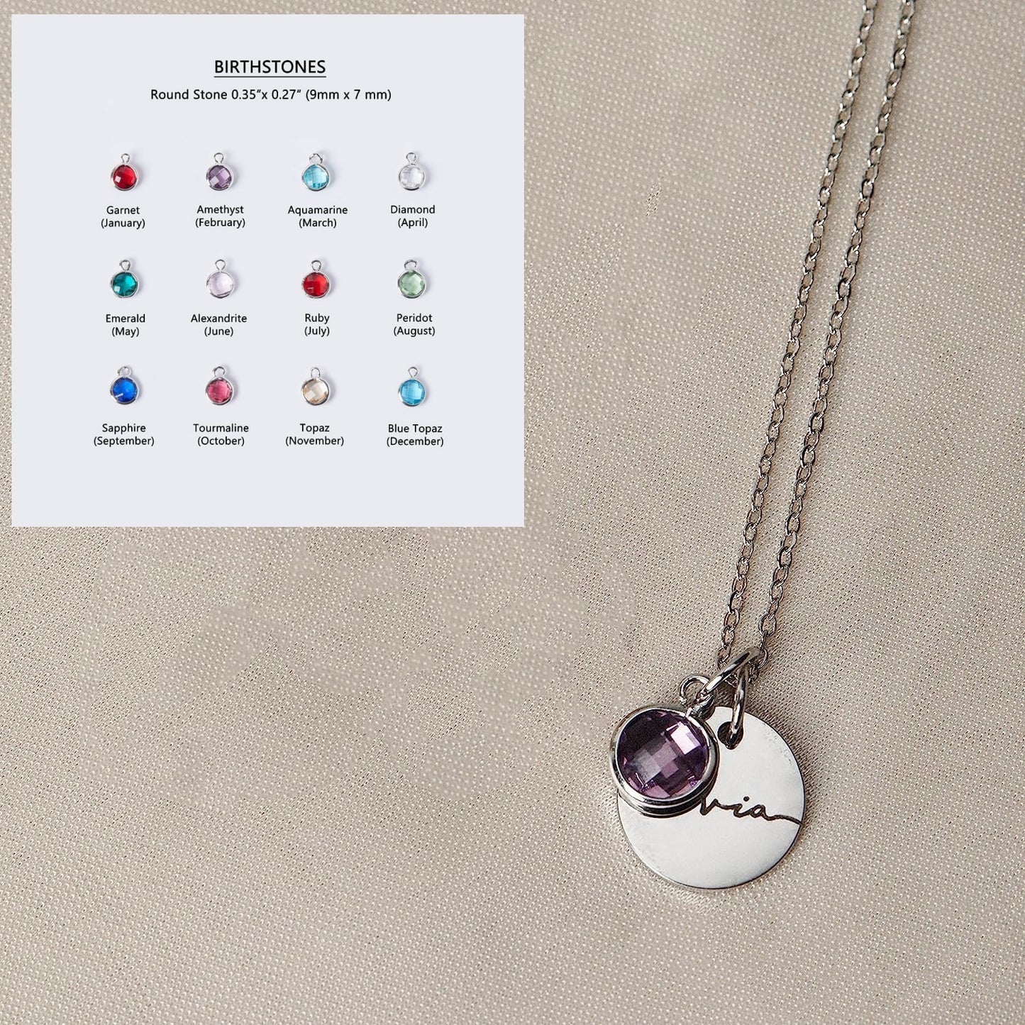 Birthstone Name Necklace - Personalized Disc with Crystal Charm