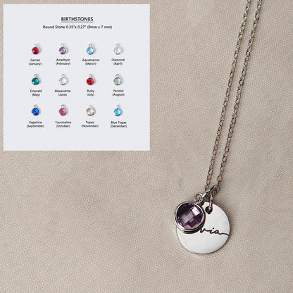 Birthstone Name Necklace - Personalized Disc with Crystal Charm