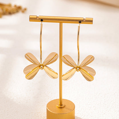 Gold Flower Drop Earrings - Long Stem Petal Dangle with Double Bloom Design