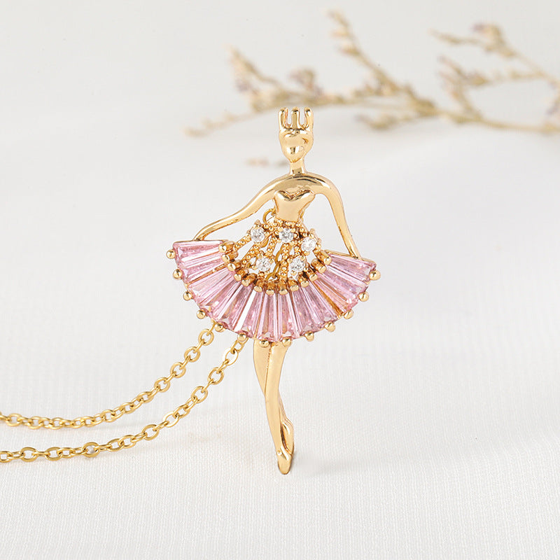 Ballet Dancer Necklace - Gold Angel Ballerina Pendant with Pink Crystal Skirt Detail