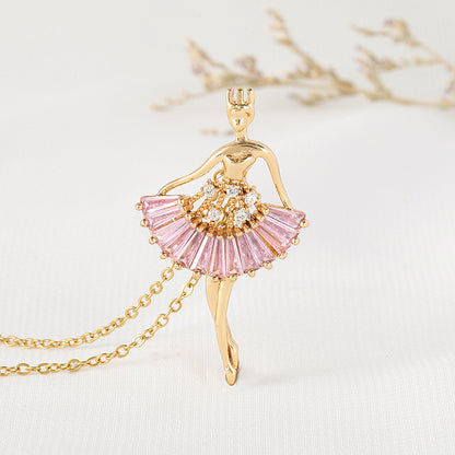 Ballet Dancer Necklace - Gold Angel Ballerina Pendant with Pink Crystal Skirt Detail