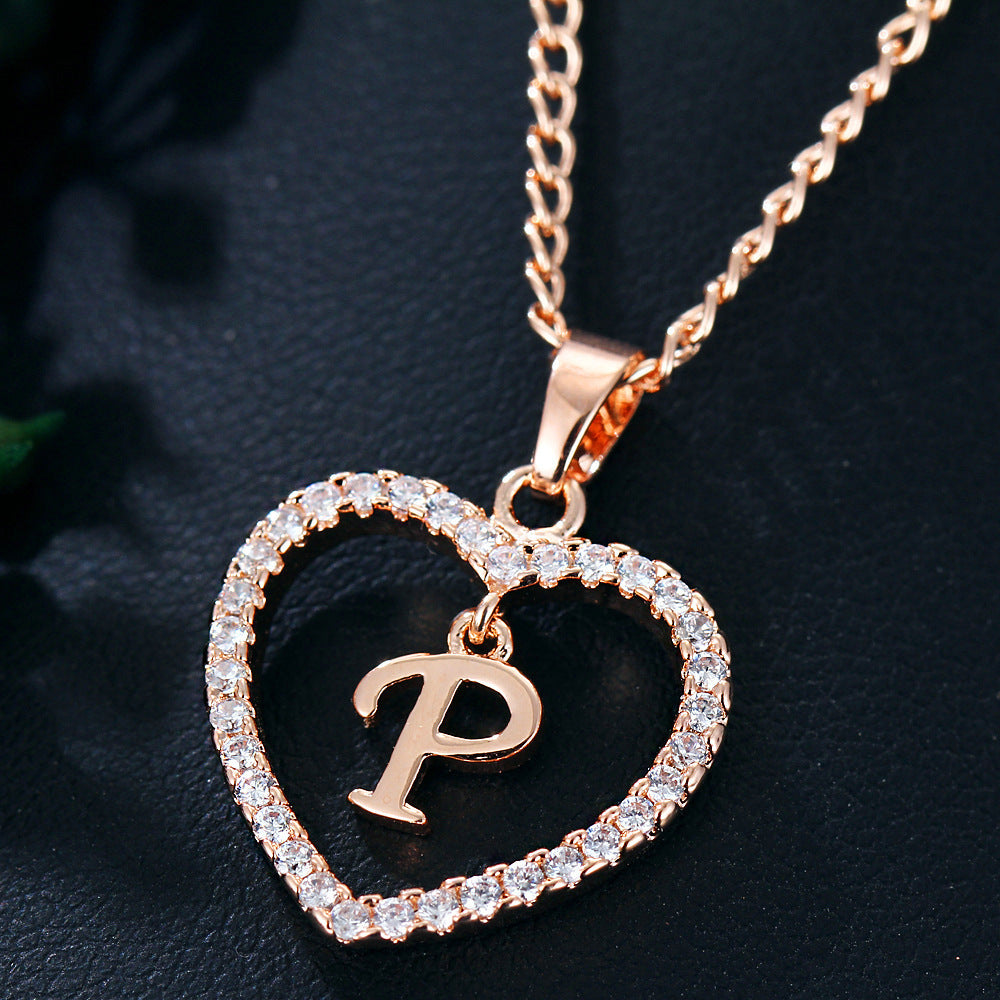 Crystal Heart Initial Necklace - Rose Gold Letter Pendant Necklace with Crystal Border (A-Z)