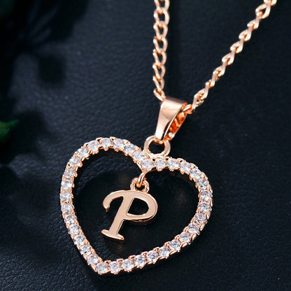 Crystal Heart Initial Necklace - Rose Gold Letter Pendant Necklace with Crystal Border (A-Z)