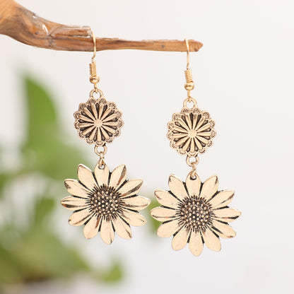 Sunflower Dangle Earrings - Retro Double Daisy Drop Earrings in Gold or Silver