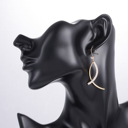 Curved Bar Drop Earrings - Gold Geometric Dangle with Crystal Accents