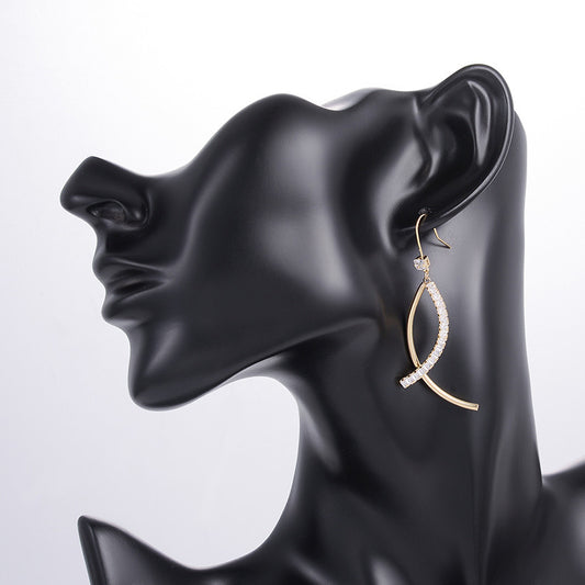 Curved Bar Drop Earrings - Gold Geometric Dangle with Crystal Accents