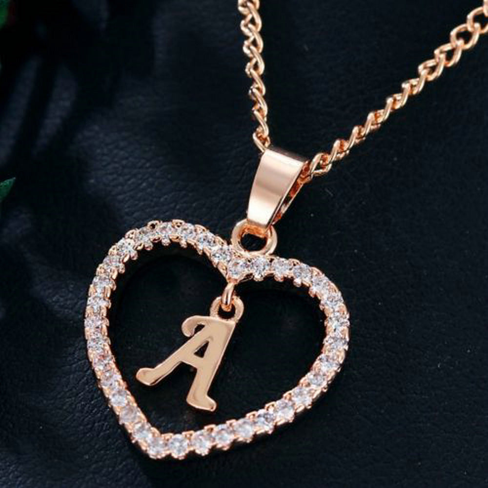 Crystal Heart Initial Necklace - Rose Gold Letter Pendant Necklace with Crystal Border (A-Z)