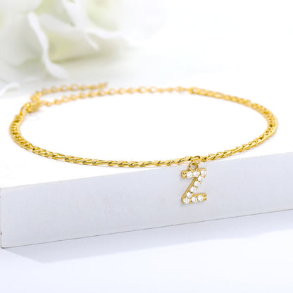 Crystal Initial Anklet - Gold or Silver Figaro Chain with Letter Charm (A-Z)