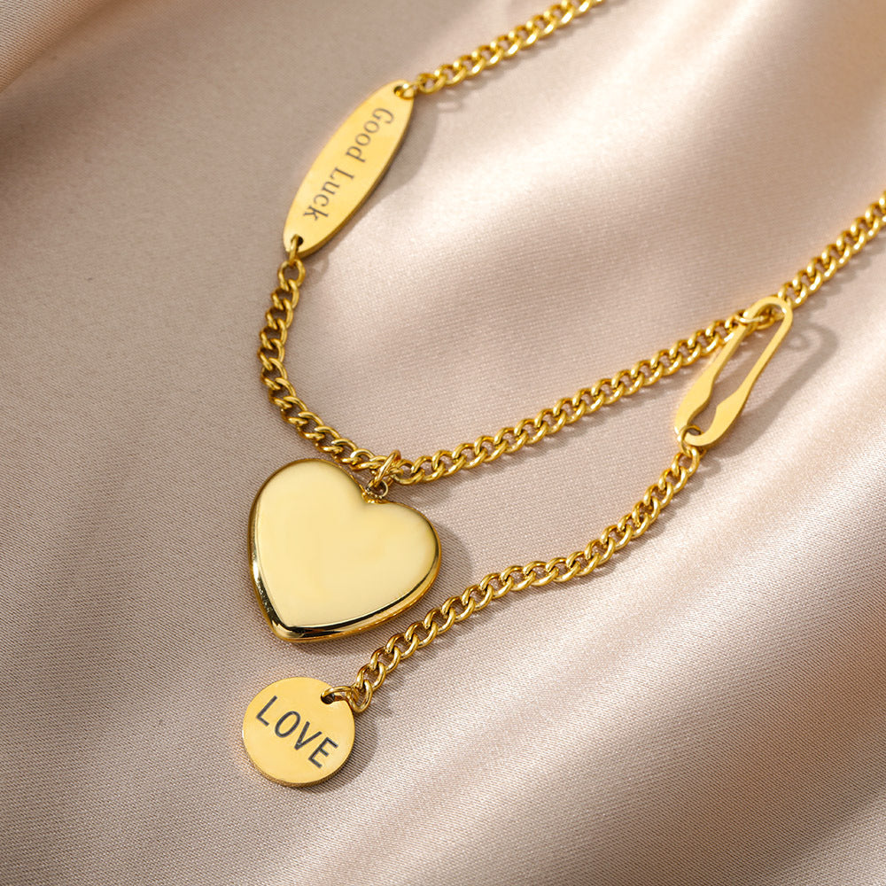 Double Chain Heart Necklace - Simple Gold Necklace with Heart Accent Charms