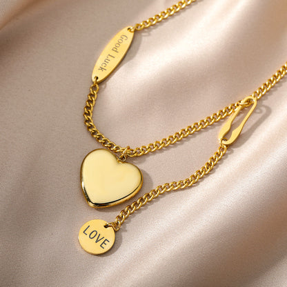 Double Chain Heart Necklace - Simple Gold Necklace with Heart Accent Charms