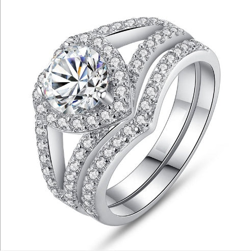 Crystal Wedding Ring Set - 2-Piece Engagement Ring and Band with Split Shank Halo Design