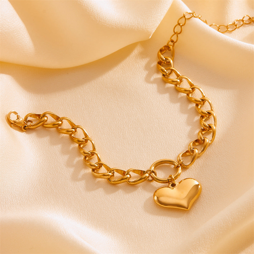 Chunky Chain Bracelet - Gold Curb Link with Puffed Heart Charm