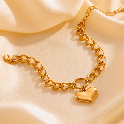 Chunky Chain Bracelet - Gold Curb Link with Puffed Heart Charm