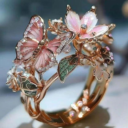 Enchanted Butterfly Ring - Colorful Crystal Ring with Floral and Leaf Accent Detail