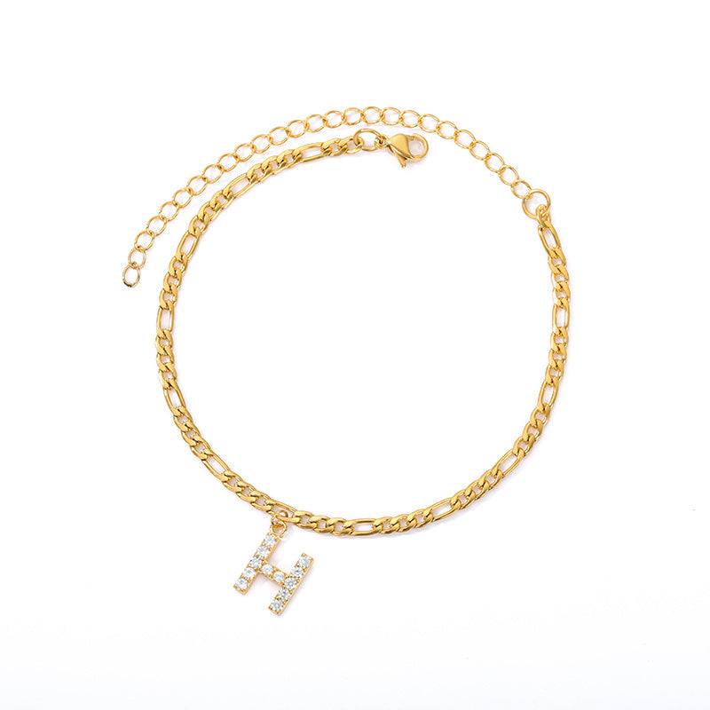 Crystal Initial Anklet - Gold or Silver Figaro Chain with Letter Charm (A-Z)