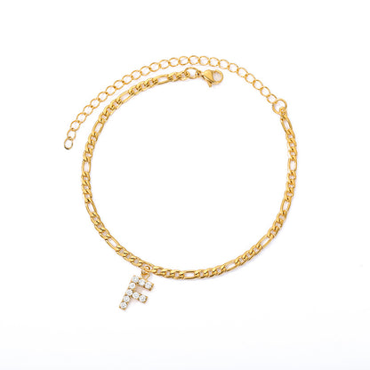 Crystal Initial Anklet - Gold or Silver Figaro Chain with Letter Charm (A-Z)