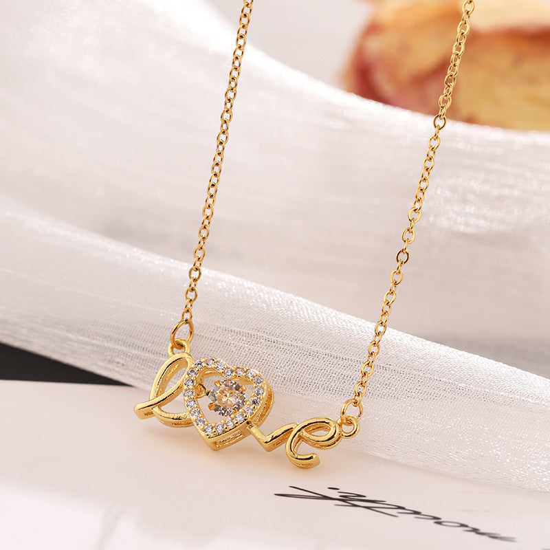 Love Script Necklace - Gold Word Pendant with Crystal Heart Accent