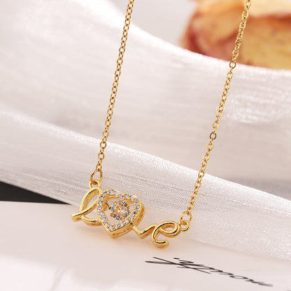 Love Script Necklace - Gold Word Pendant with Crystal Heart Accent