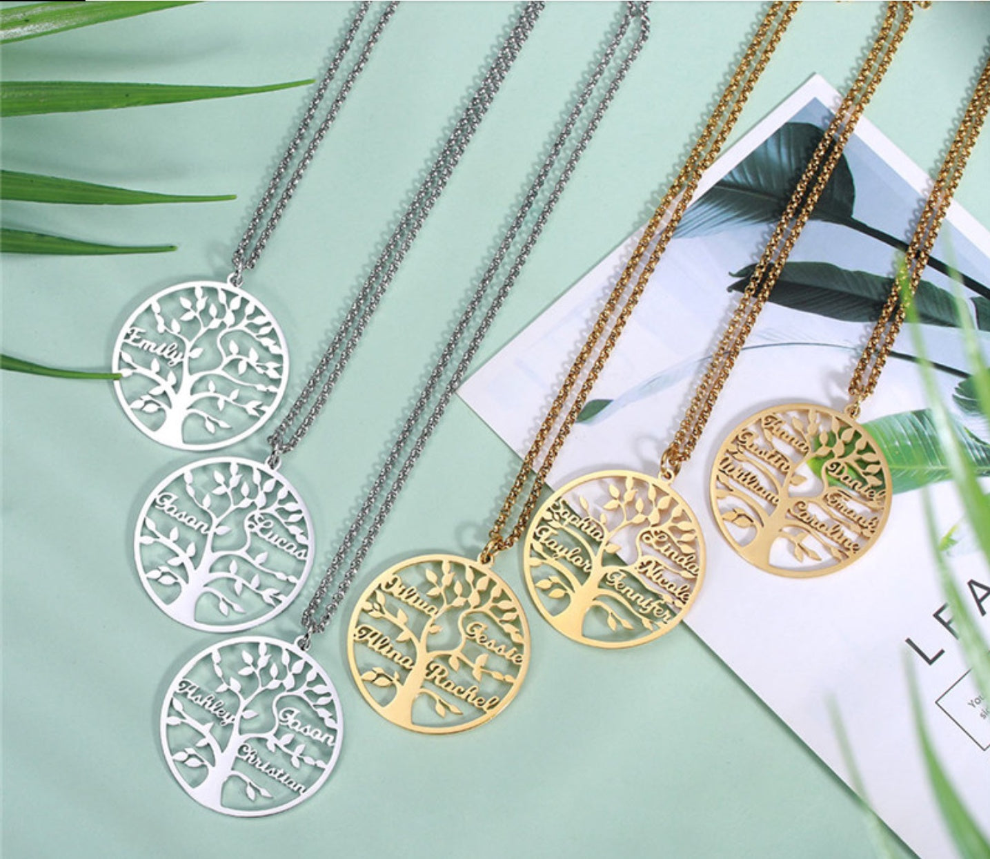 Personalized Tree of Life Necklace - Custom Family Name Circle Pendant (1-9 Names)