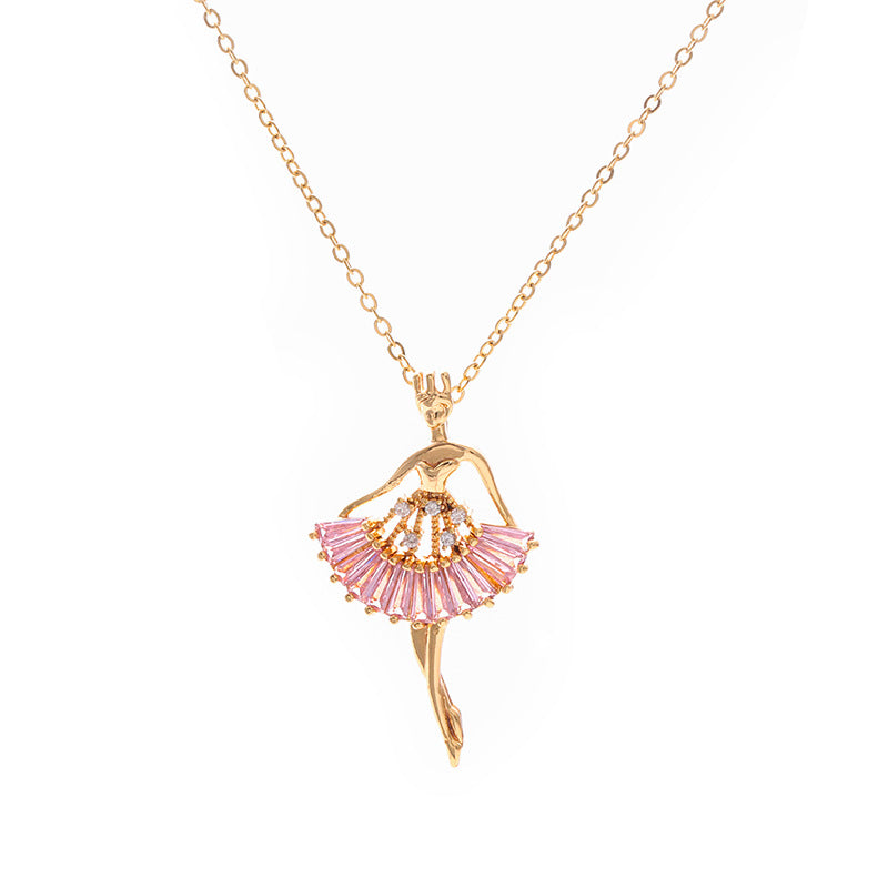 Ballet Dancer Necklace - Gold Angel Ballerina Pendant with Pink Crystal Skirt Detail