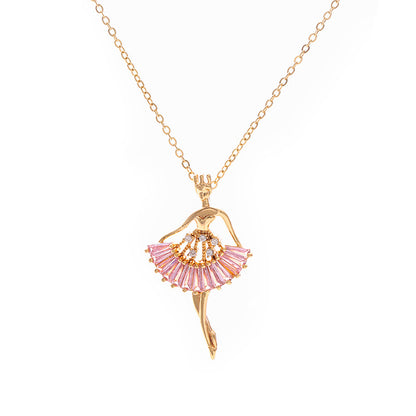 Ballet Dancer Necklace - Gold Angel Ballerina Pendant with Pink Crystal Skirt Detail