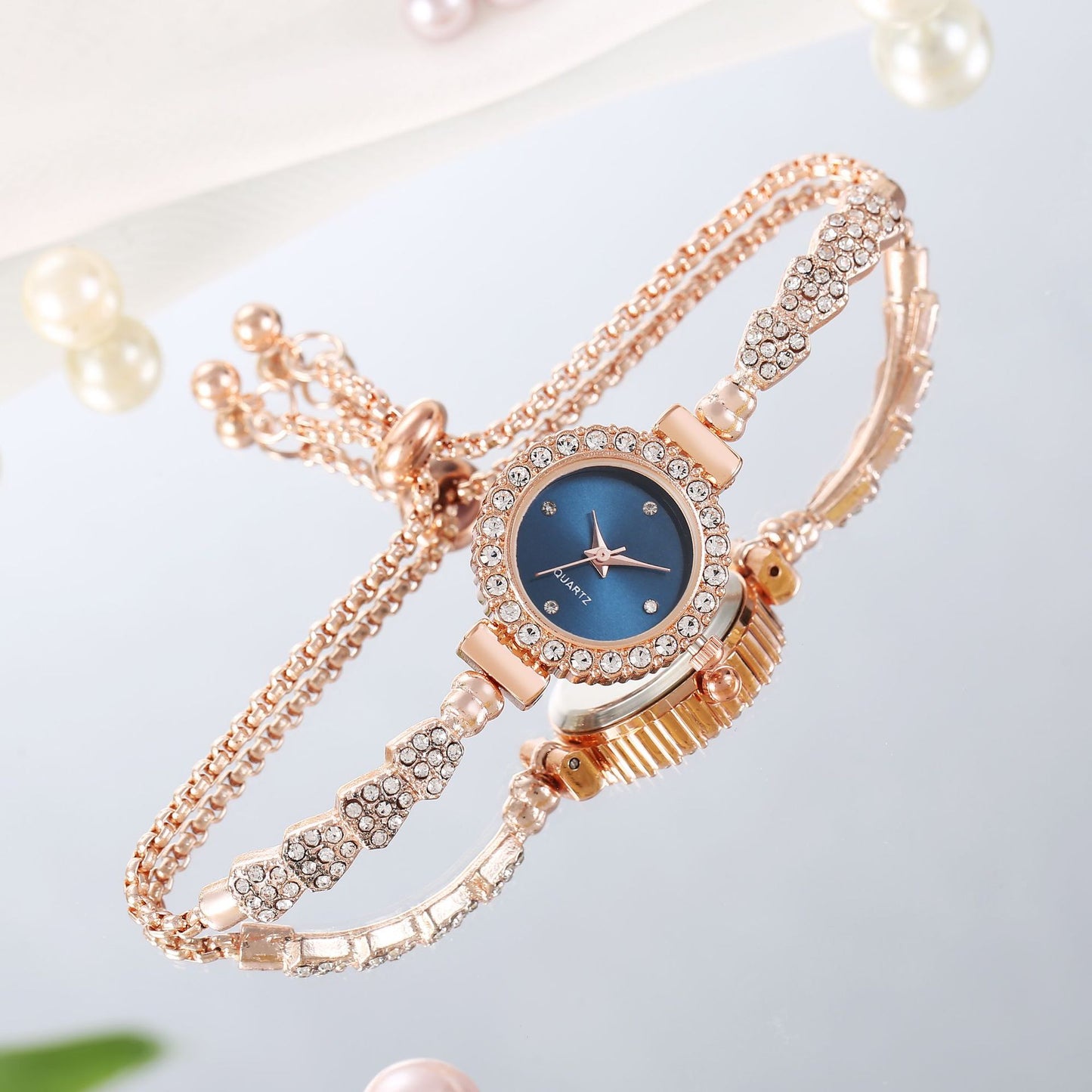 Crystal Bracelet Watch - Double Strand Chain Watch with Round Crystal Face (6 Colors)