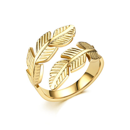 Feather Wrap Ring - Adjustable Open Ring with Double Leaf Design in Gold or Silver
