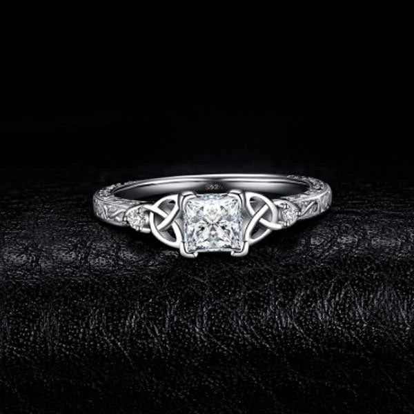 Infinity Knot Ring - Princess Cut Crystal Solitaire with Celtic Design in White Gold