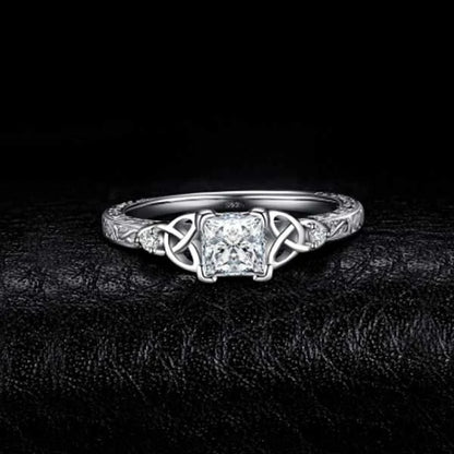 Infinity Knot Ring - Princess Cut Crystal Solitaire with Celtic Design in White Gold