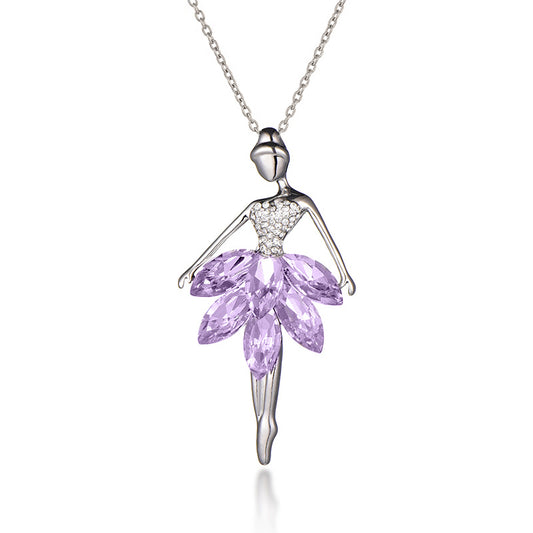 Crystal Ballerina Necklace - Silver Dancing Figure Pendant with Purple Crystal Tutu