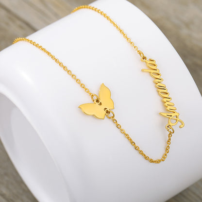 Custom Name Butterfly Necklace - Personalized Double Layer Chain with Butterfly Charm