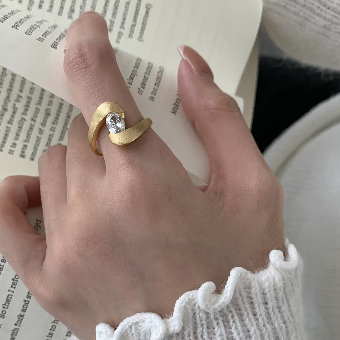 Contemporary Twist Ring - Brushed Gold Geometric Ring with Crystal Stone