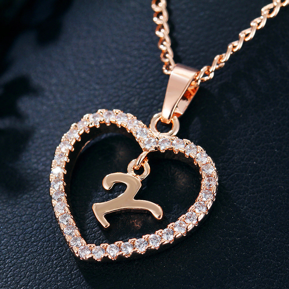 Crystal Heart Initial Necklace - Rose Gold Letter Pendant Necklace with Crystal Border (A-Z)