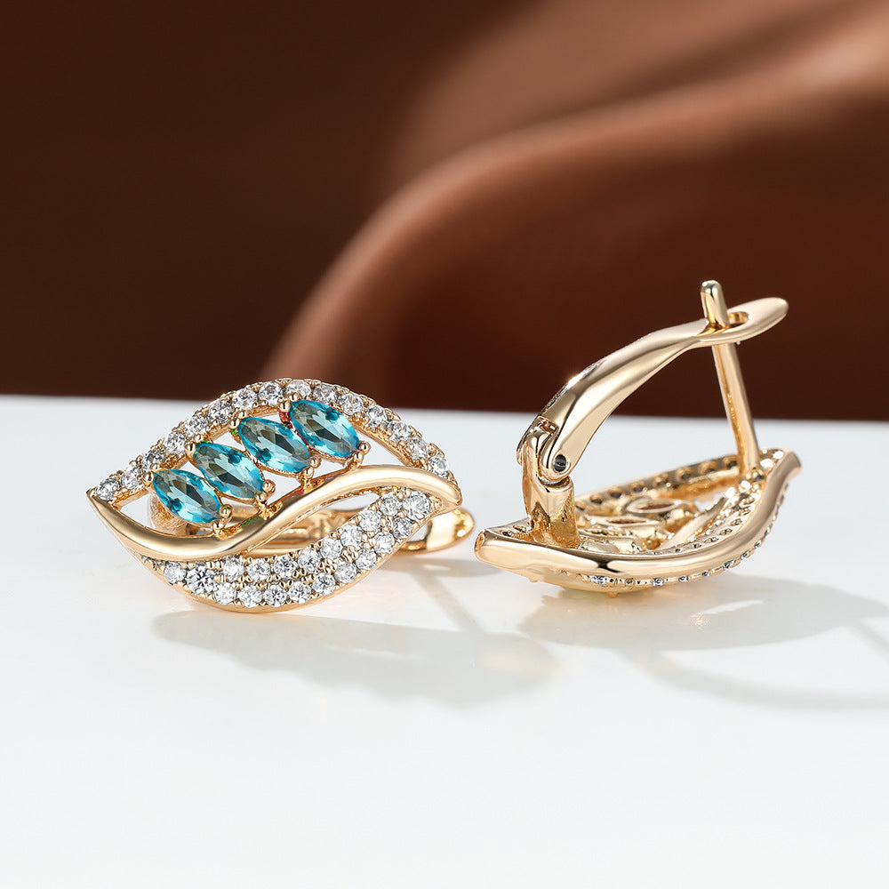 Crystal Leaf Earrings - Gold Hoop-Stud Earrings with Colorful Gemstone Leaf Design